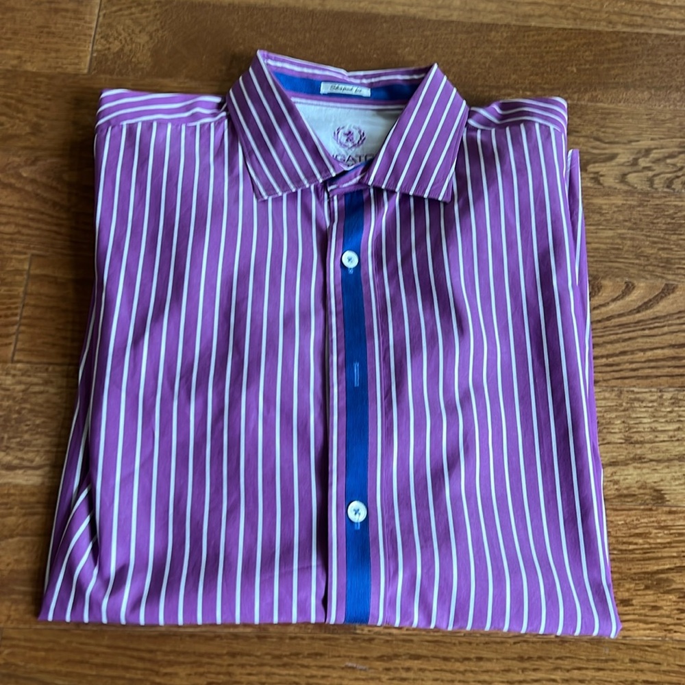 Bugatchi Uomo large purple and blue stripe button down long sleeve dress shirt